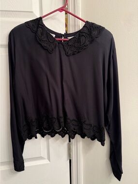 Women's Black Lace-Trim Long Sleeve Blouse